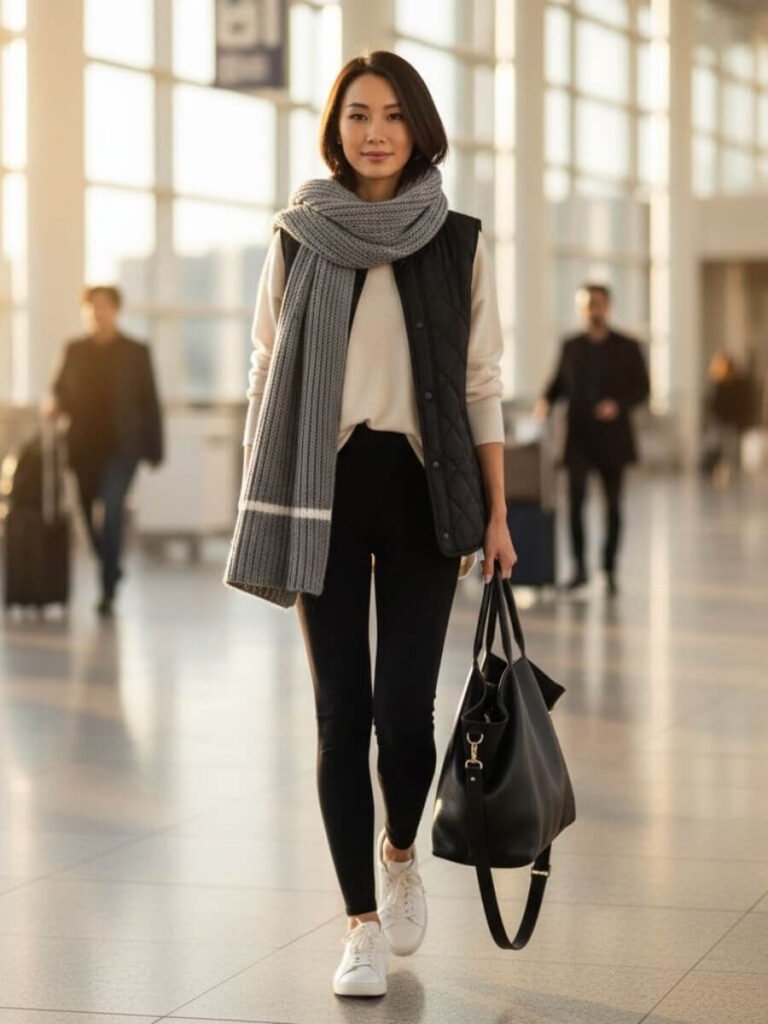 Quilted Vest with Knit Scarf and Leggings for a Cozy Winter Airport Look Quilted Vest with Knit Scarf and Leggings for a Cozy Winter Airport Look β Winter Airport Outfits