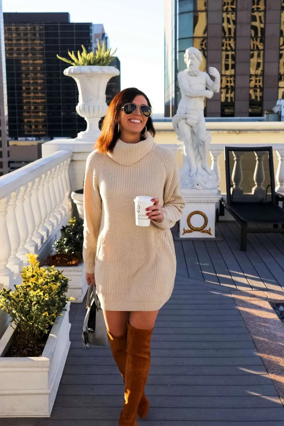 Cream Knit Turtleneck Sweater Dress With Over-the-Knee Boots Cream Knit Turtleneck Sweater Dress With Over-the-Knee Boots β Sweater Outfits