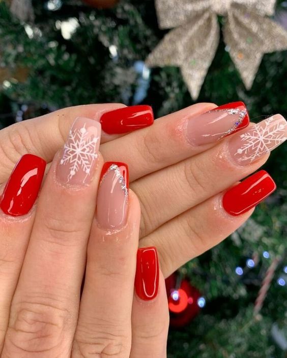 Red and Nude Square Nails with Snowflake French Tips Red and Nude Square Nails with Snowflake French Tips β Snowflake Nails