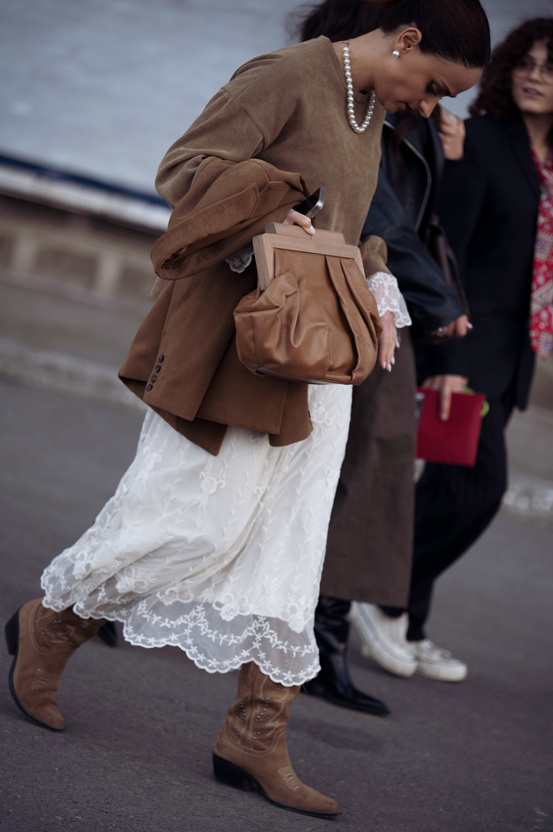 Brown Cowboy Boots with Lace Dress and Corduroy Jacket — Winter Boots Outfits