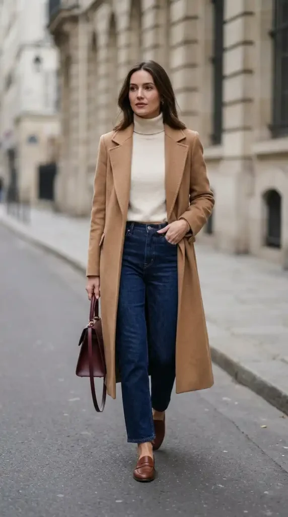 Classic Camel Coat Over Cream Turtleneck and Blue Jeans — Old Money Winter Outfits