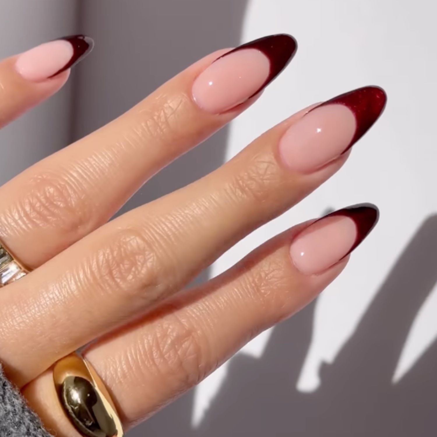 Deep Burgundy French Tip with Glitter Deep Burgundy French Tip with Glitter β Long Winter Almond Nails