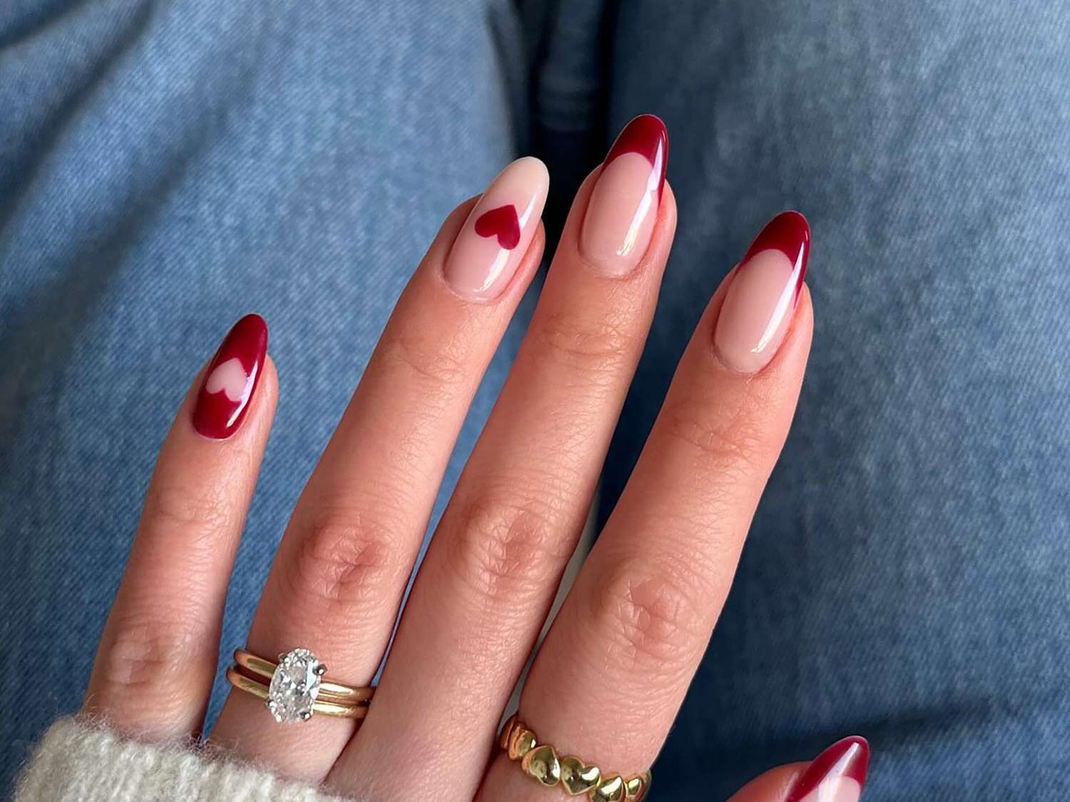 Red Heart French Tip Almond Nails — Winter Date Night Nails
