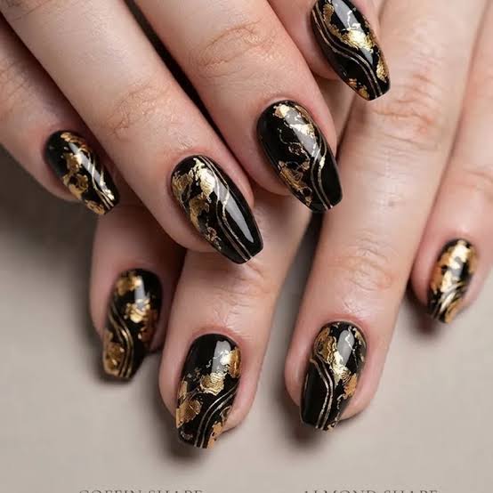 Medium Coffin Black with Gold Foil Accents — New Years Gel Nails 2027