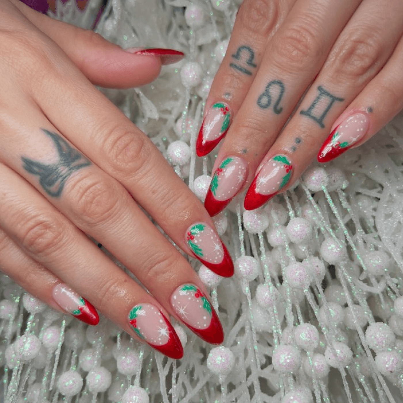 Long Almond Holly Berry French Tips — Christmas Nail Designs 2026