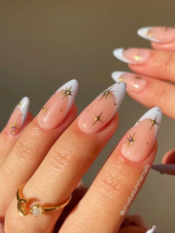 Celestial French Almond with Charms Celestial French Almond with Charms β Winter Wedding Nails