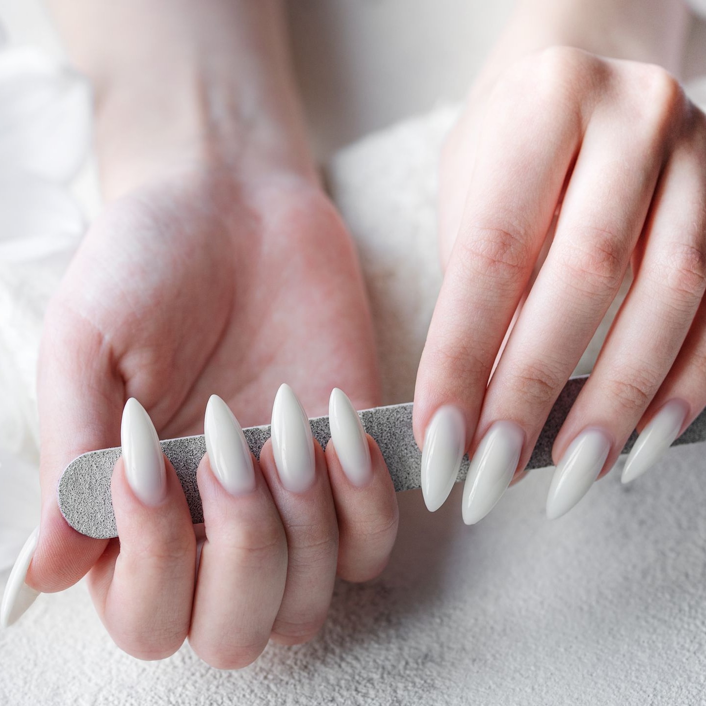Milky White French Stilettos — Winter White Nails