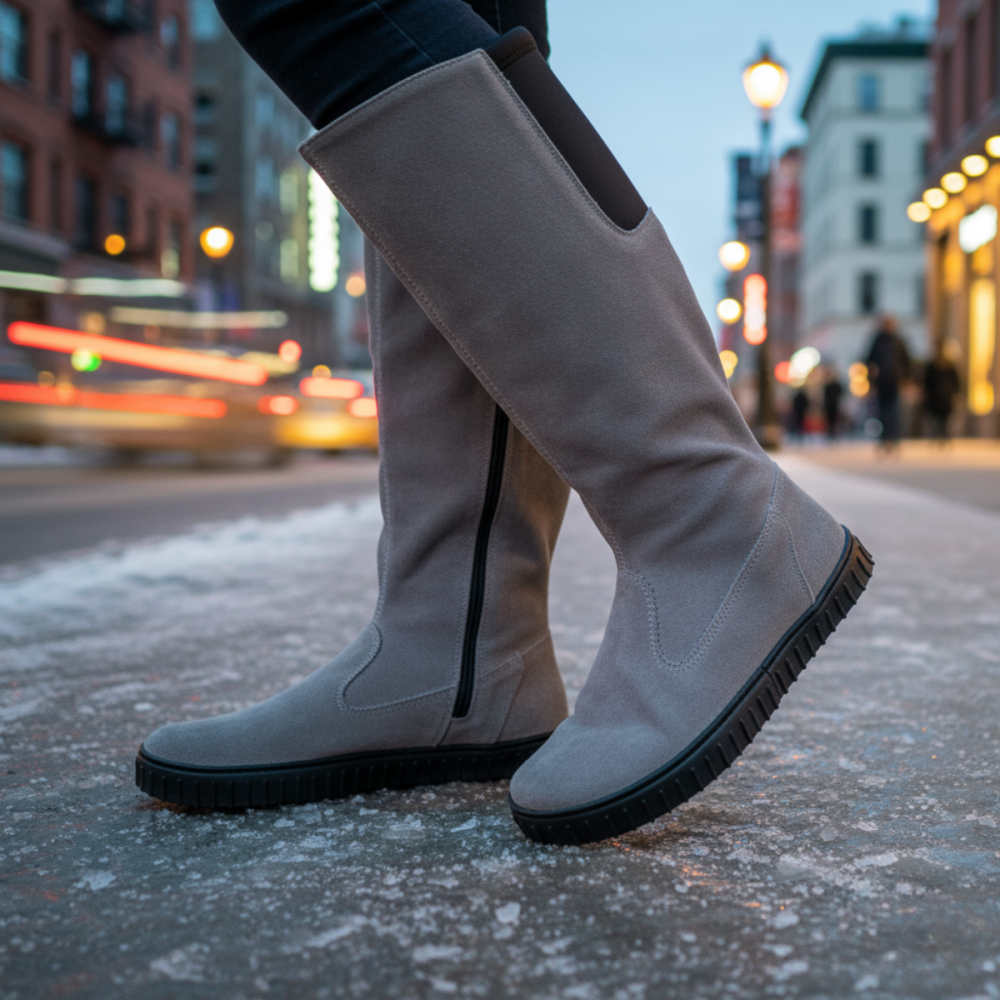 Practical Style: Grey Suede Boots with Black Leggings — Late Winter Outfits