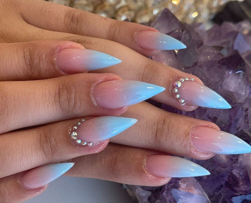 Pink Blue Gradient Rhinestone Cuticle Stiletto Nails Pink Blue Gradient Rhinestone Cuticle Stiletto Nails β Winter Stiletto Nails