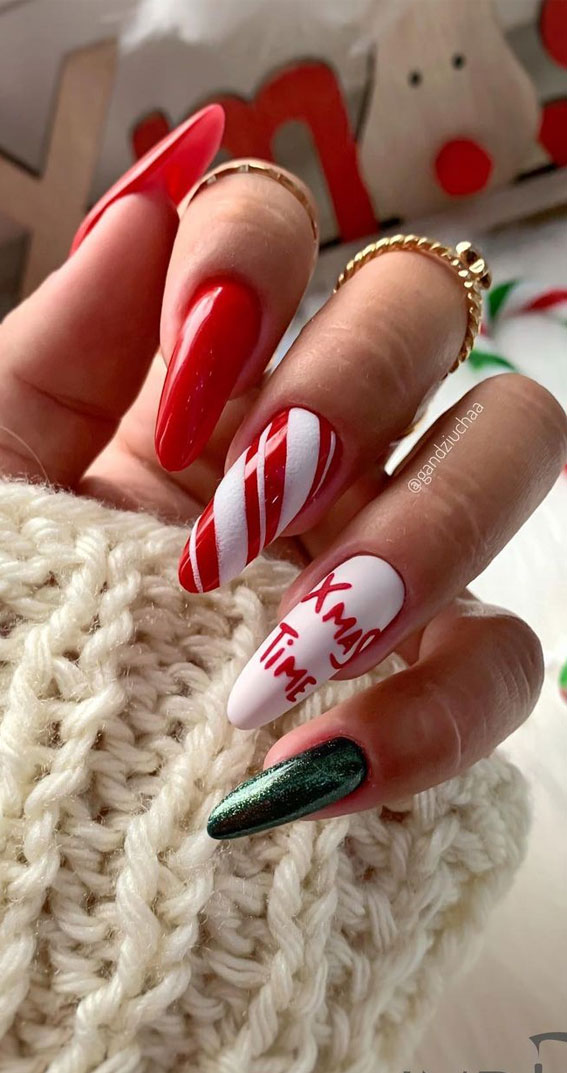 Stiletto Candy Cane and 'XMAS TIME' Text Nails Stiletto Candy Cane and 'XMAS TIME' Text Nails β Christmas Gel X Nails 2026