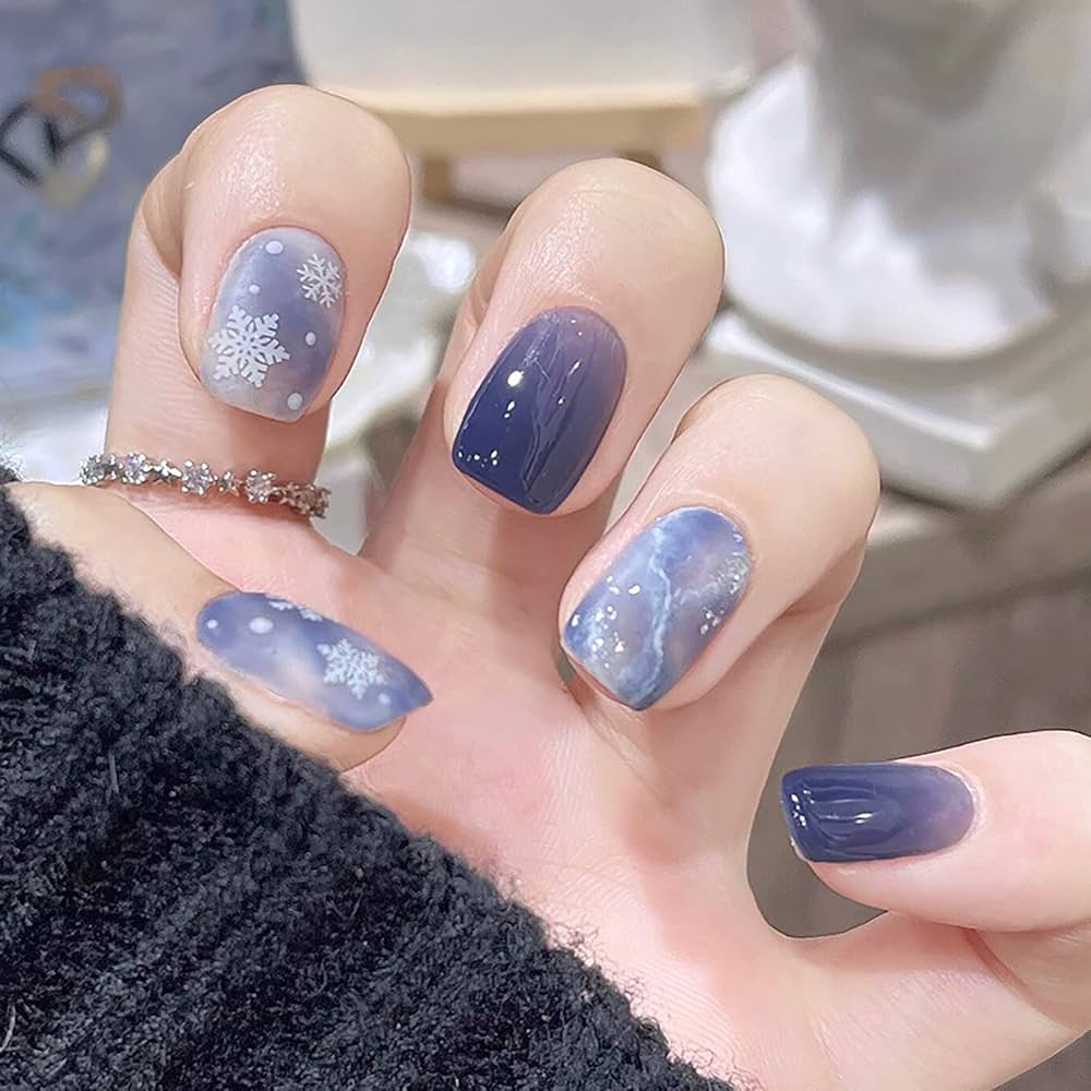 Blue Grey Gradient Snowflake Coffin Nails Blue Grey Gradient Snowflake Coffin Nails β Short Christmas Coffin Nails 2026