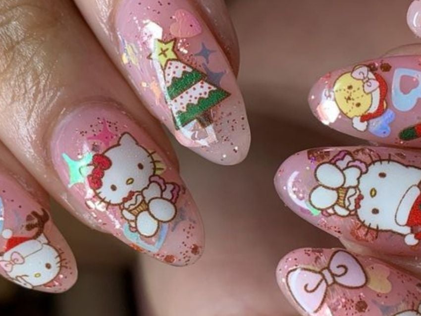 Medium Almond Pink Glitter Characters Medium Almond Pink Glitter Characters β Hello Kitty Christmas Nails 2026