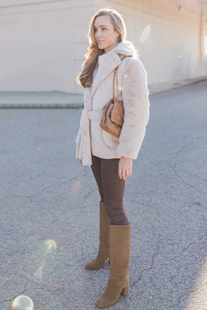 Chic Faux Fur: Cream Jacket with Brown Trousers and Suede Boots Chic Faux Fur: Cream Jacket with Brown Trousers and Suede Boots β Comfy Winter Outfits