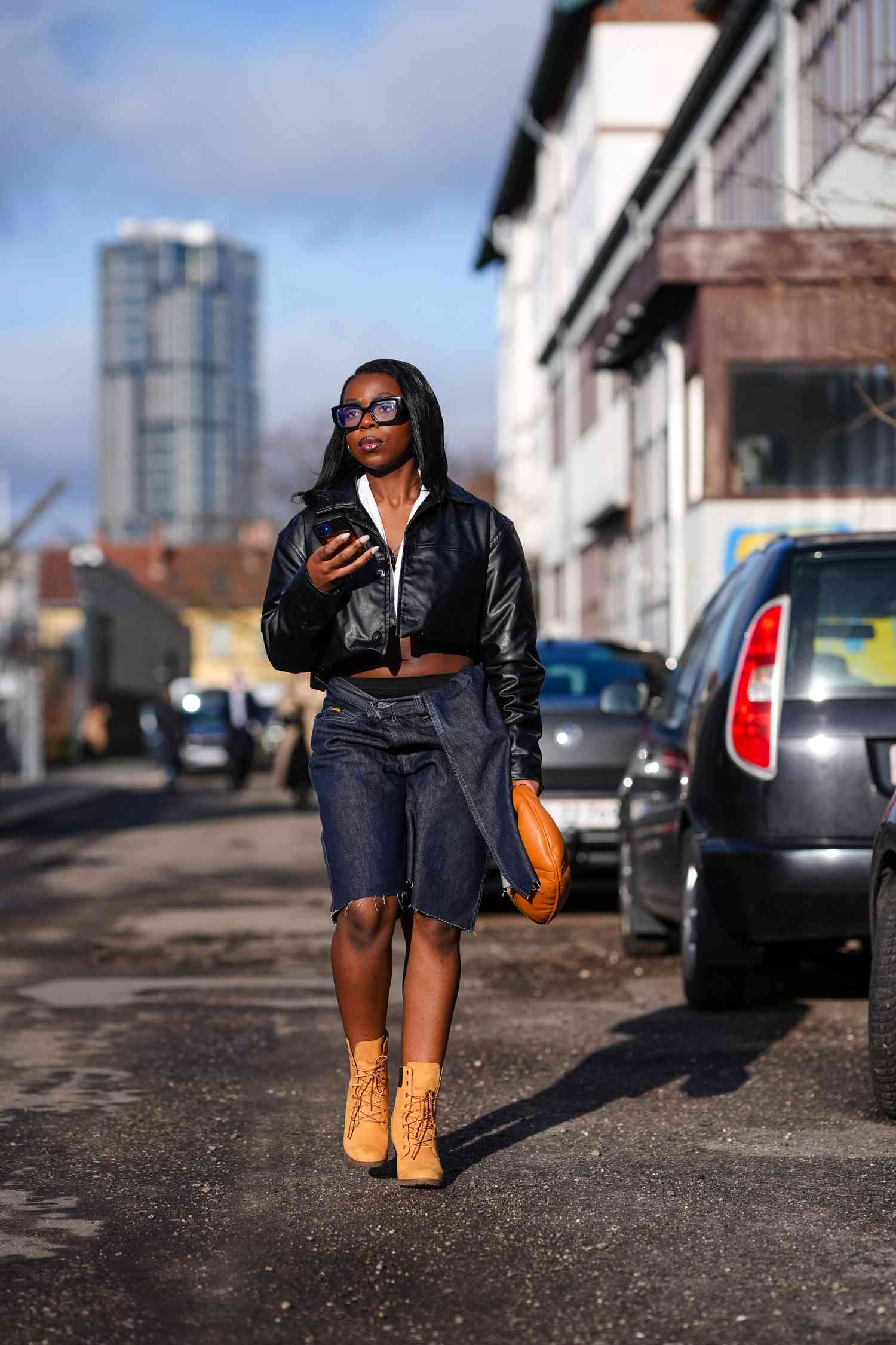 Street Style Edge with Tan Timberlands and Faux Leather — Timberland Boots Outfits
