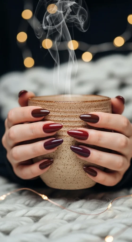 Deep Burgundy & Dark Plum Glossy Almonds — Fall to Winter Nails