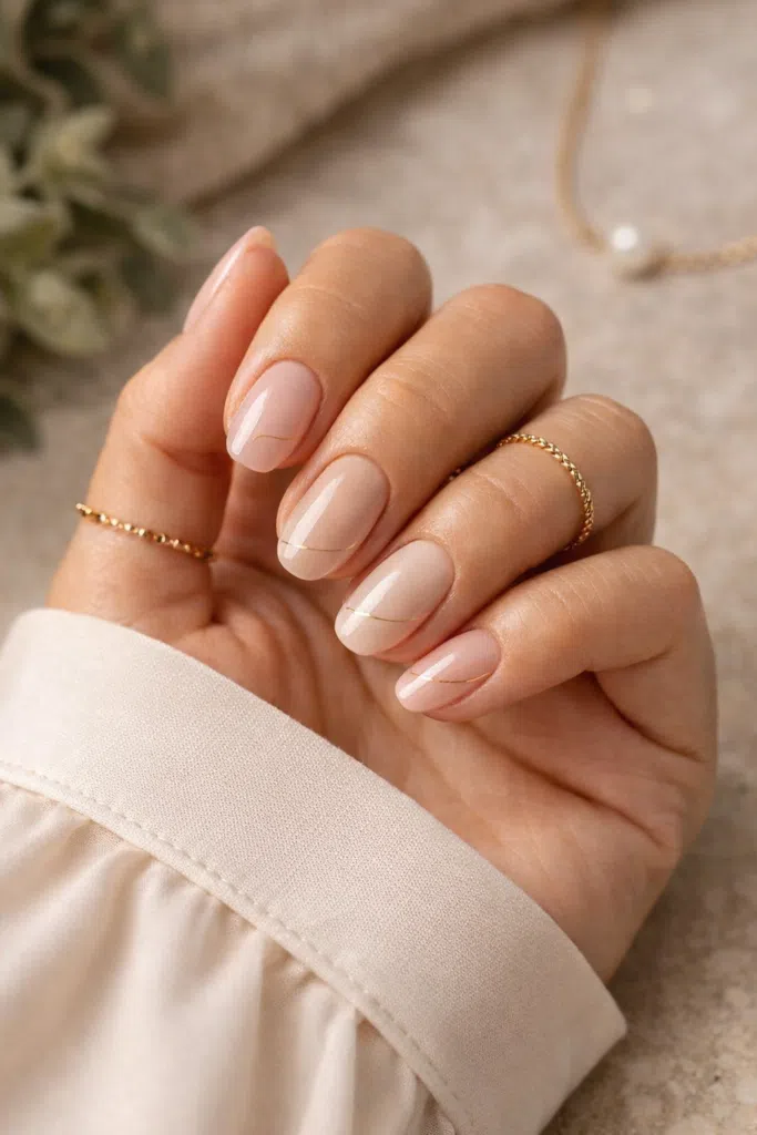 Sheer Nude Base Gold Line Nails — Cute New Years Nails 2027