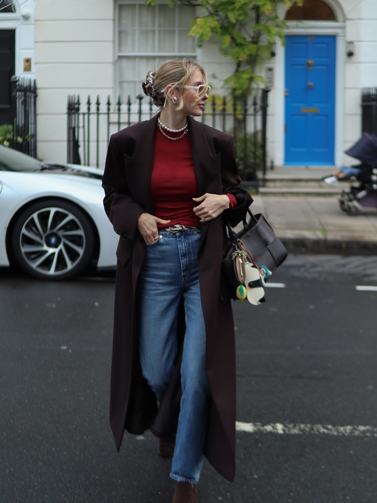 Long Brown Coat with Red Top and Denim — Minimalist Winter Outfits