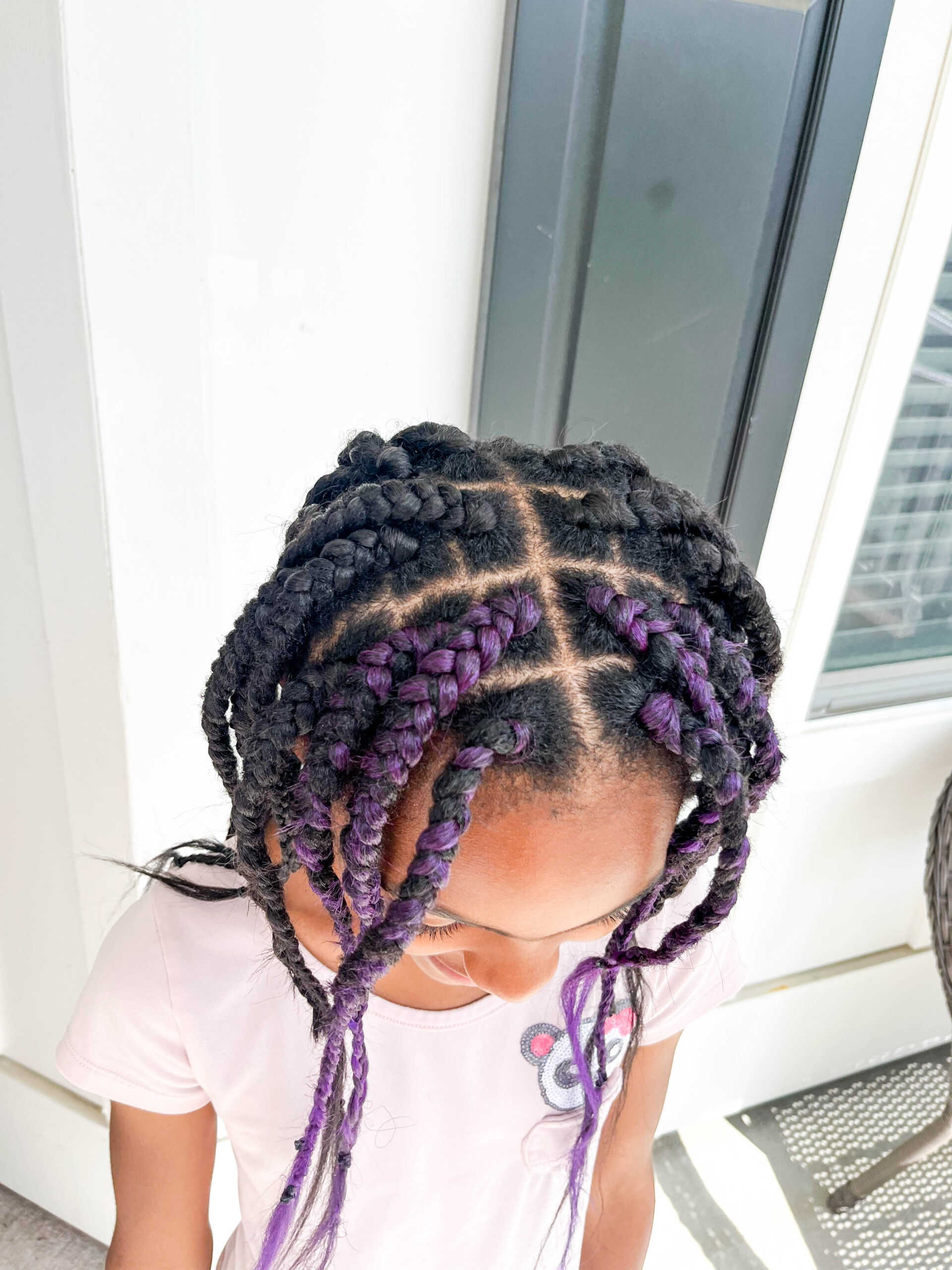 Square Part Box Braids With Purple Strands Square Part Box Braids With Purple Strands β Winter Hairstyles for Black Kids