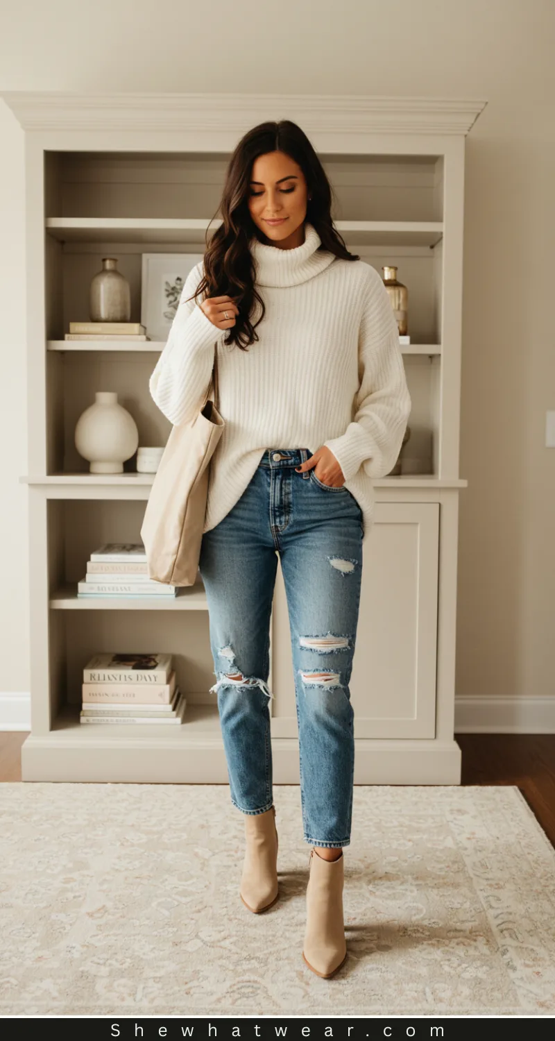 Cream Oversized Turtleneck with Distressed Jeans Cream Oversized Turtleneck with Distressed Jeans β Turtleneck Outfits