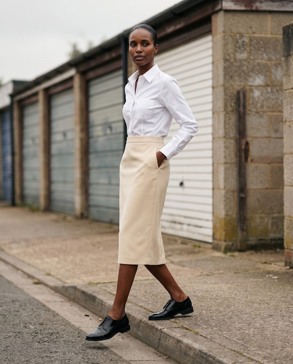 White Button-Down with Cream Pencil Skirt and Oxfords White Button-Down with Cream Pencil Skirt and Oxfords β Winter Business Casual Outfits