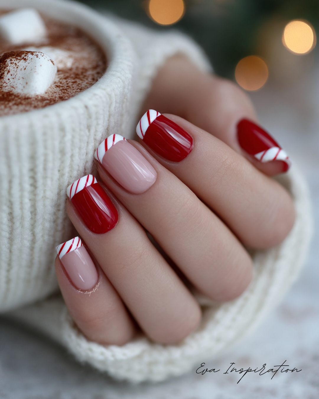 Short Squoval Candy Cane French Tips Short Squoval Candy Cane French Tips β Winter Squoval Nails
