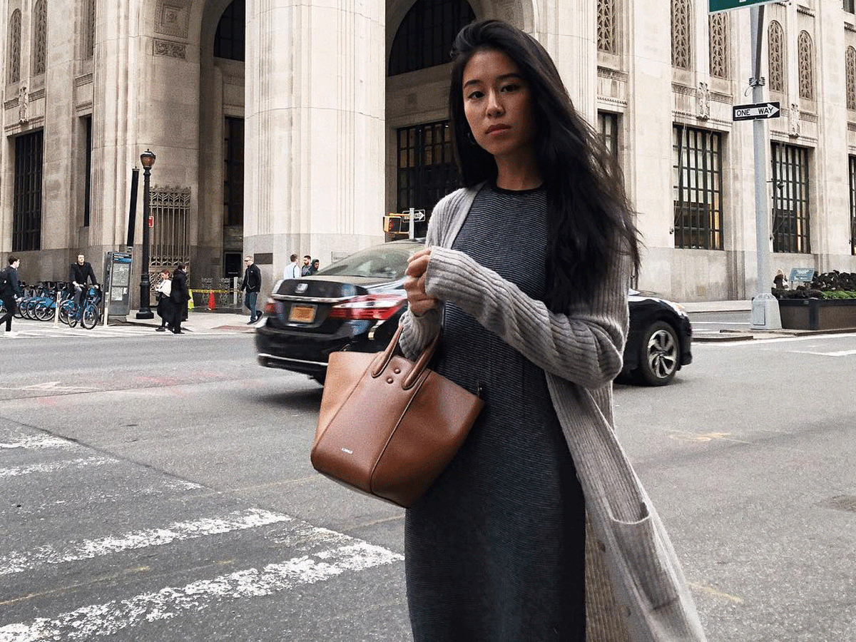 Long Knit Cardigan Over Striped Dress with Tote Bag Long Knit Cardigan Over Striped Dress with Tote Bag β Y2K Winter Outfits