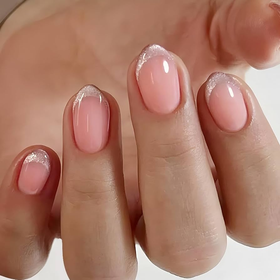 Pale Pink Base Silver Glitter Tips Visual Idea — Short Winter Almond Nails