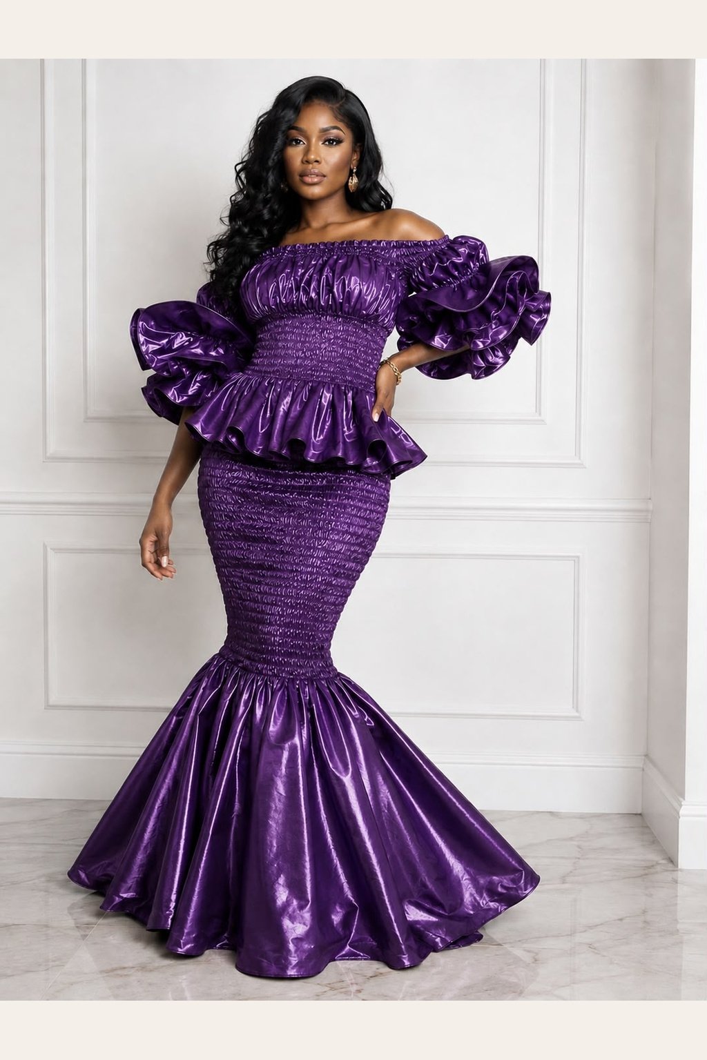 Metallic Satin Gown with Ruffled Sleeves Metallic Satin Gown with Ruffled Sleeves β Royal Purple Outfits