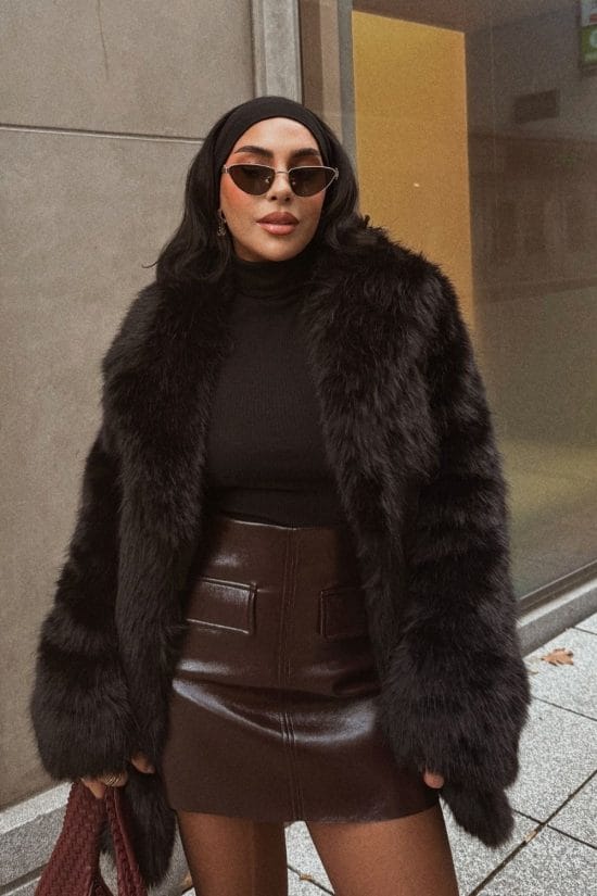 Striking Black Fux Fur Coat with Faux Leather Skirt — Italy Winter Outfits