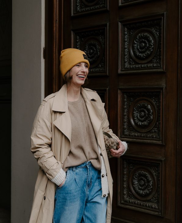 Beige Trench Coat with Yellow Beanie for a Pop of Color — Winter Outfits for Moms