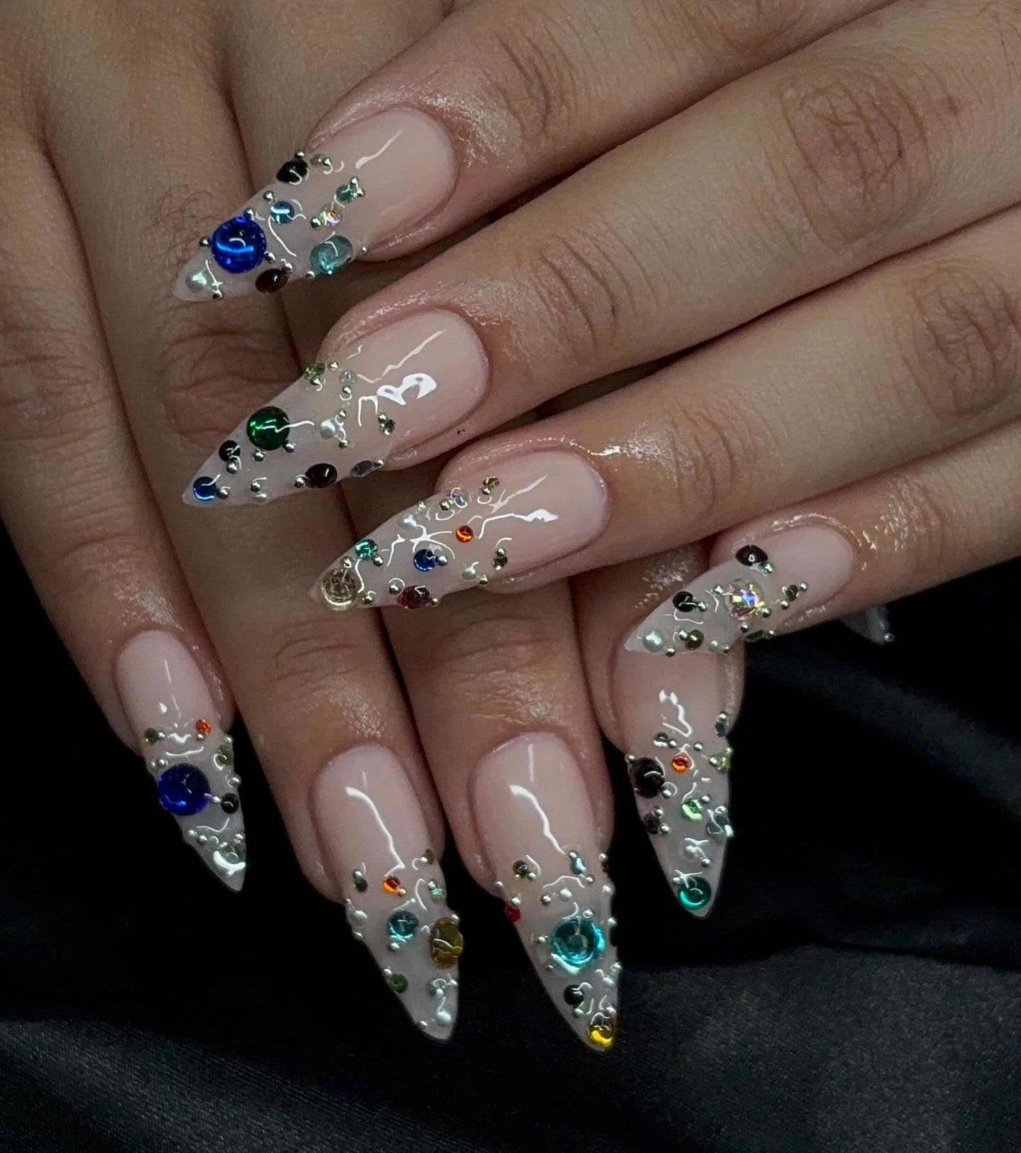 Long Stiletto Full Rhinestone Coverage Long Stiletto Full Rhinestone Coverage β Winter Rhinestone Nails
