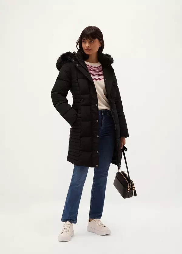 Fitted Black Puffer Coat with Fur-Trimmed Hood — Winter Coats for Women