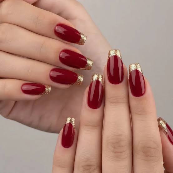 Gold Glitter French Tips Visual Idea Gold Glitter French Tips Visual Idea β Red and Gold Christmas Nails 2026