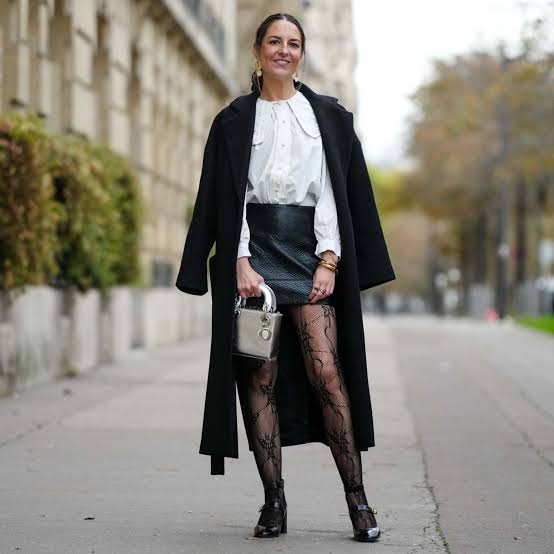 Edgy Winter Look with Faux Leather and Patterned Tights Edgy Winter Look with Faux Leather and Patterned Tights β Winter Outfits for Women Over 50