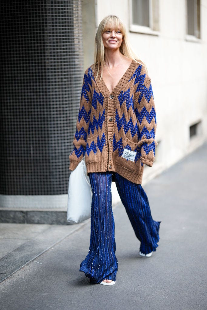 Brown and Blue Patterned Cardigan with White Sandals — Cardigan Outfits