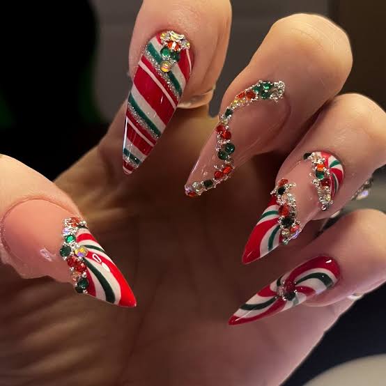 Long Stiletto Candy Cane Rhinestone Nails Long Stiletto Candy Cane Rhinestone Nails β Christmas Acrylic Nails 2026
