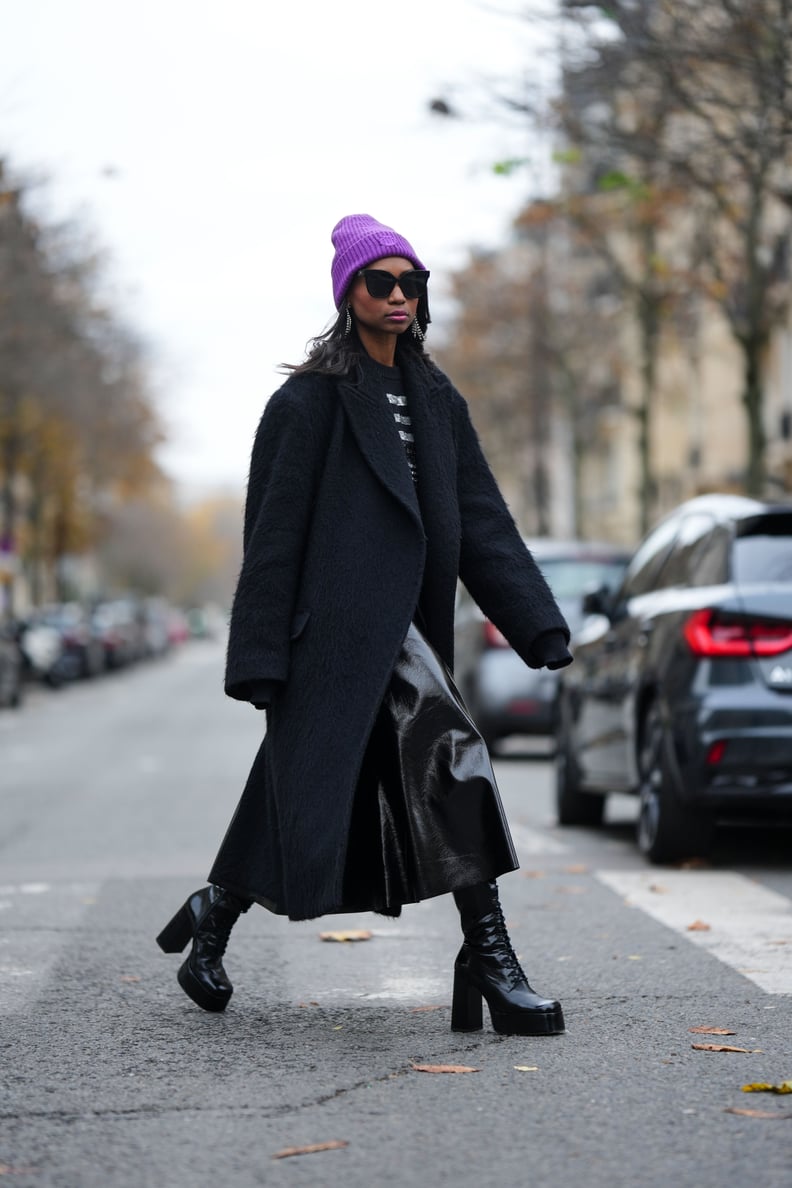 Fuzzy Coat and Patent Skirt for a Bold Street Style Statement — All Black Winter Outfits