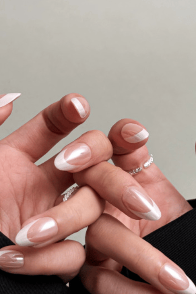 Pearlescent Pink Stiletto French Pearlescent Pink Stiletto French β Clean Girl Winter Nails