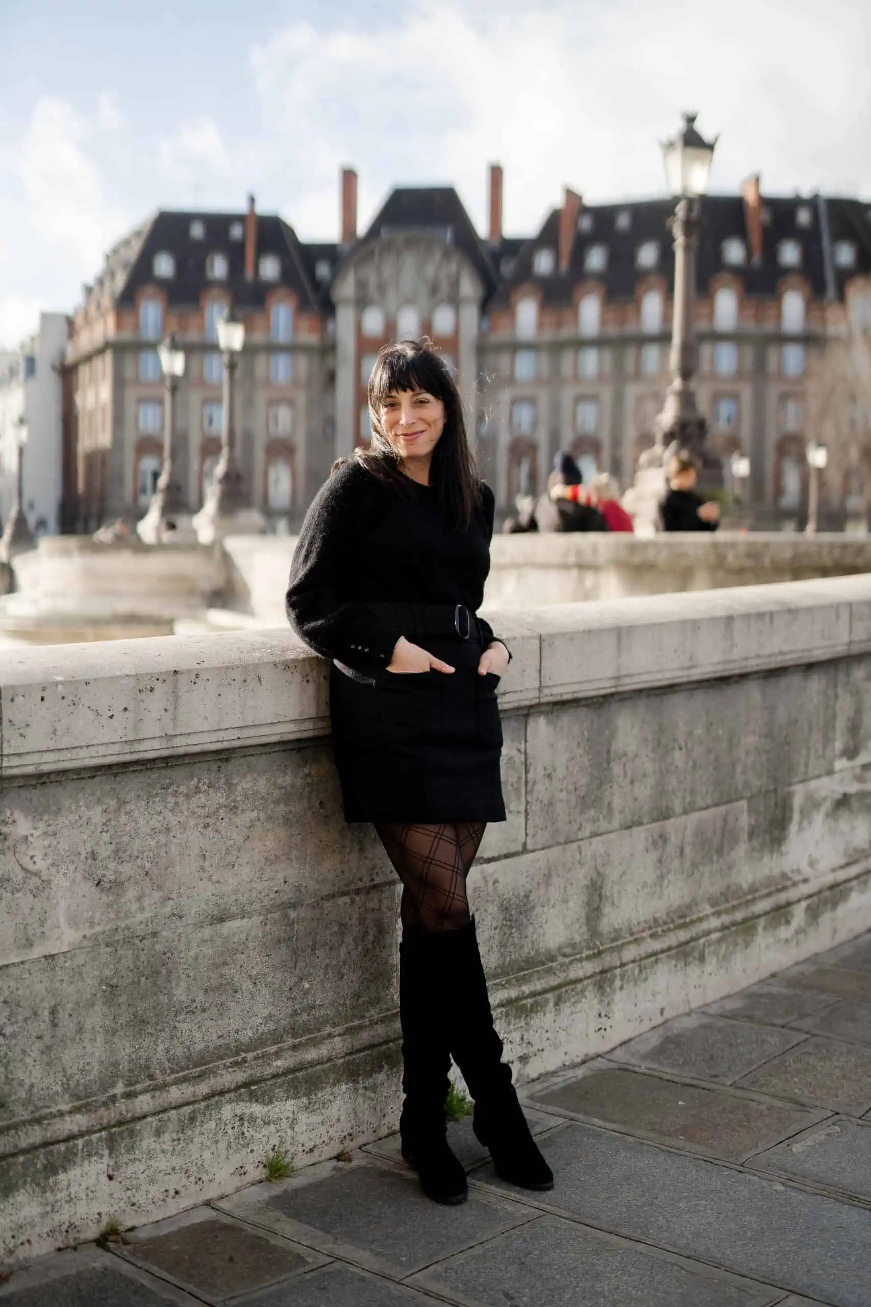 Knit Mini Dress with Patterned Tights for Winter Travel — Winter Travel Outfits