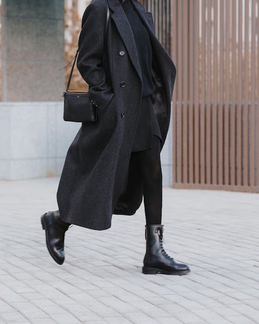 Monochromatic Chic with Long Coat and Skirt — Combat Boots Outfits