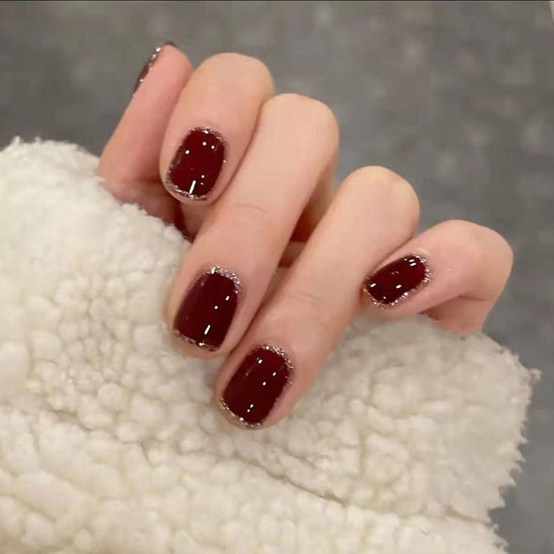 Short Square Burgundy with Glitter Cuticle Line Short Square Burgundy with Glitter Cuticle Line β Burgundy Christmas Nails 2026