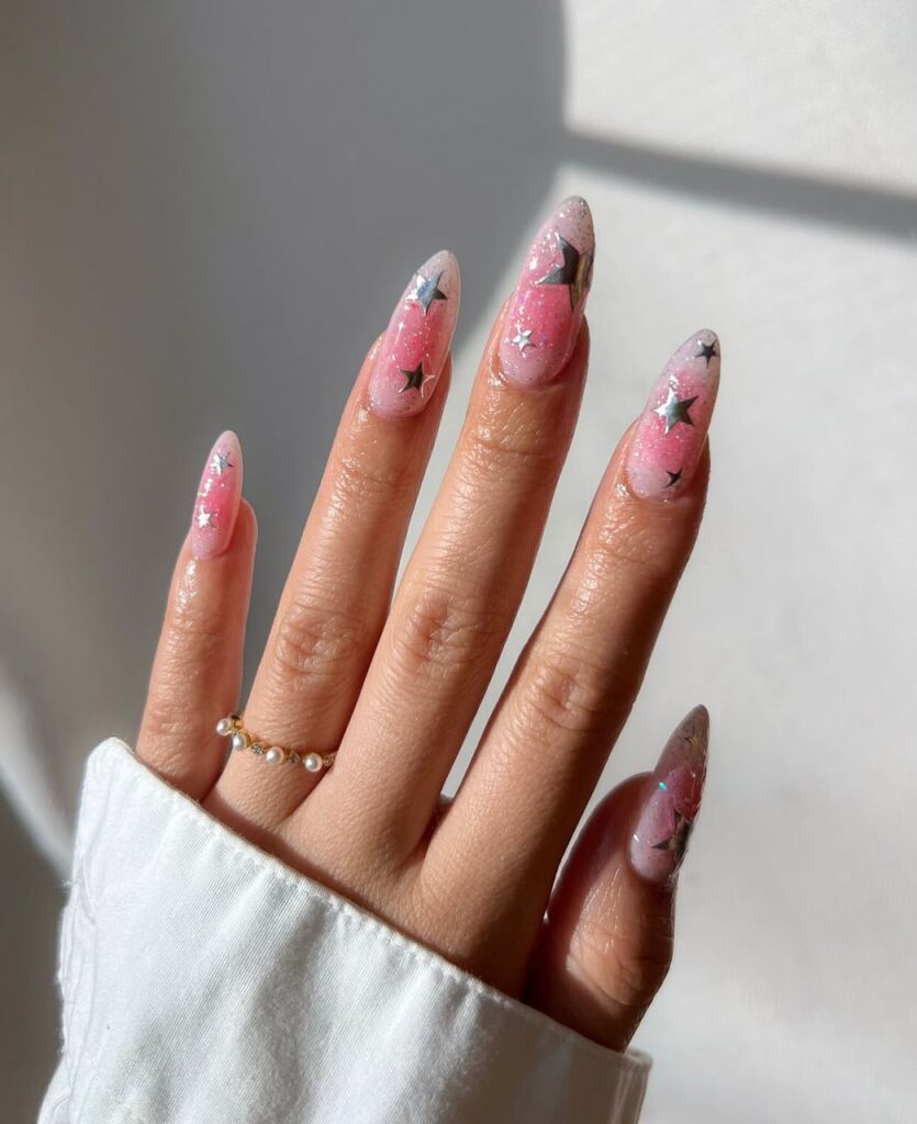 Clear Pink with Embedded Silver Star Confetti — New Years Gel Nails 2027