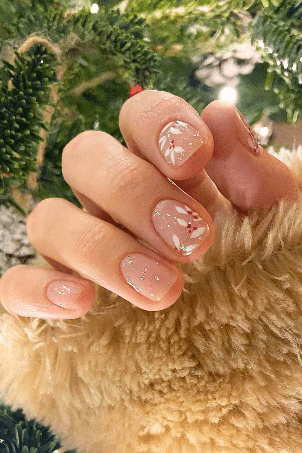 Sheer Pink Floral Winter Berries — Christmas Nail Designs 2026