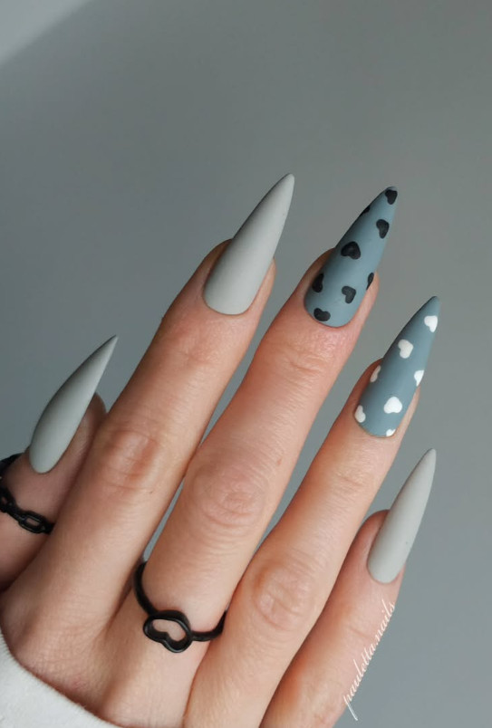 Matte Grey Heart Dot Stiletto Nails Matte Grey Heart Dot Stiletto Nails β Winter Stiletto Nails