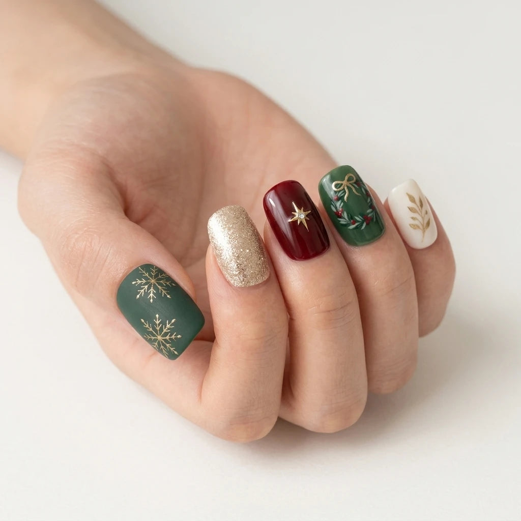 Matte & Glitter Festive Motifs Matte & Glitter Festive Motifs β Short Christmas Square Nails 2026