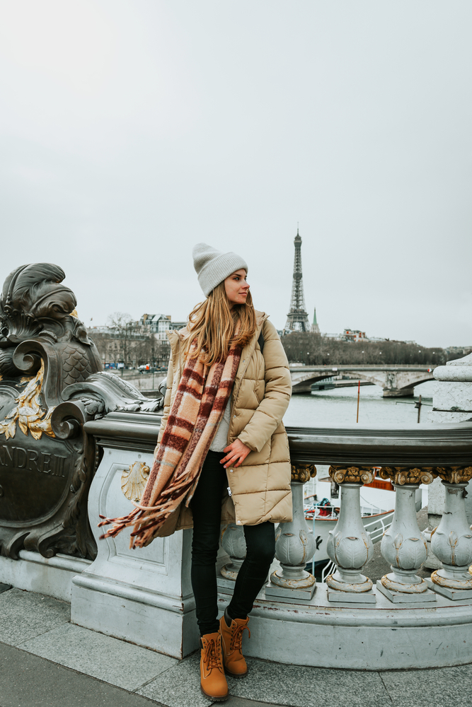Beige Puffer Coat for Winter Travel with Plaid Scarf — January Outfits