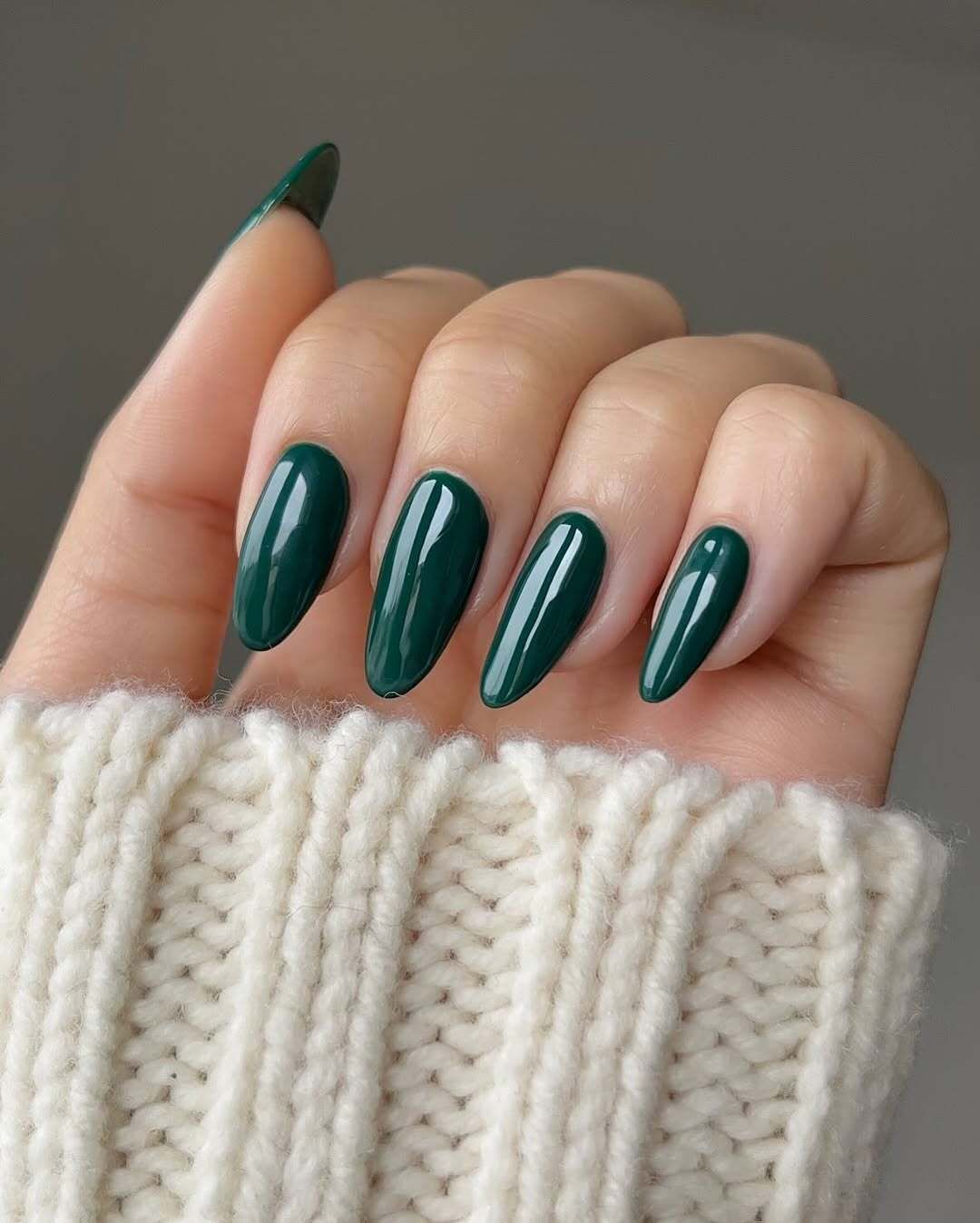 Deep Forest Green Glossy Almonds Deep Forest Green Glossy Almonds β Winter Nail Colors