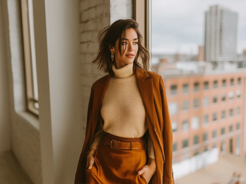 Brown Suede Jacket and Satin Skirt Combination — Minimalist Winter Outfits