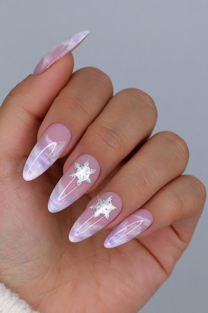 Marbled Purple with Snowflakes Marbled Purple with Snowflakes β Winter Purple Nails