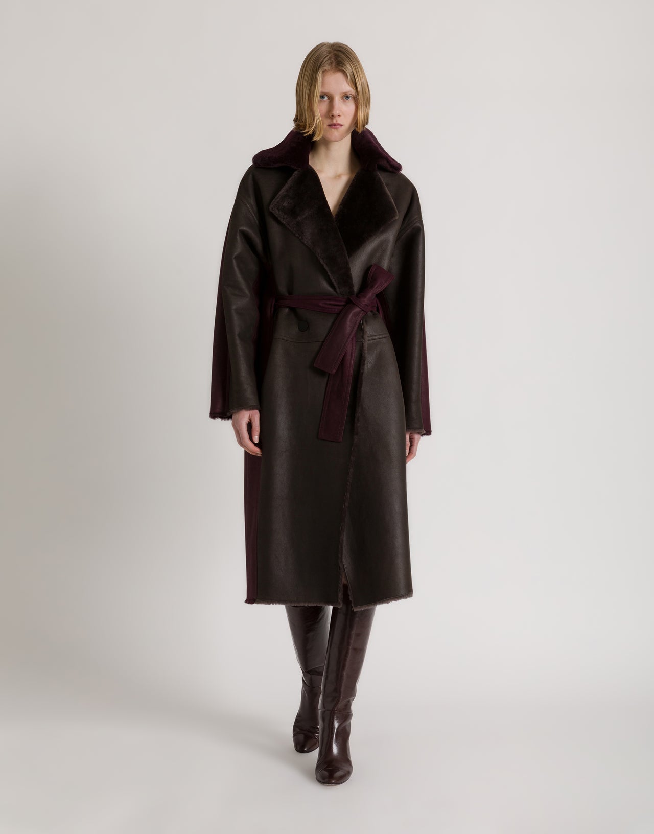 Long Reversible Shearling Coat in Dark Brown and Burgundy — Shearling Coat Outfits